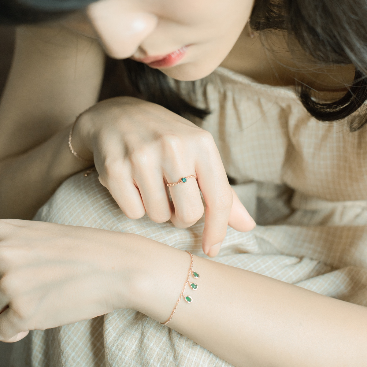 14k不規則波浪珠珠30分藍鑽石戒指