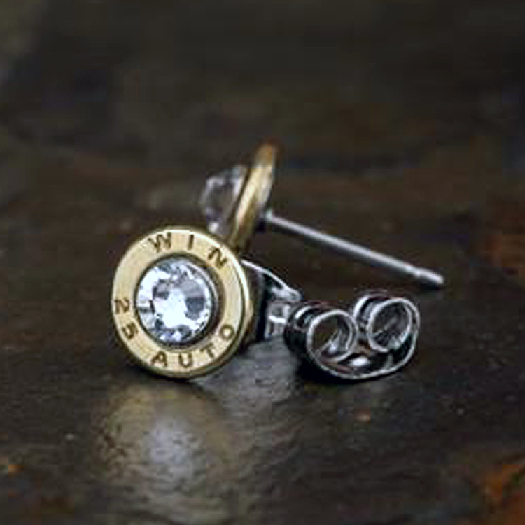 美國 Bullet - 25 Auto 子彈耳環（水鑽版 / 耳針式 / 黃銅）