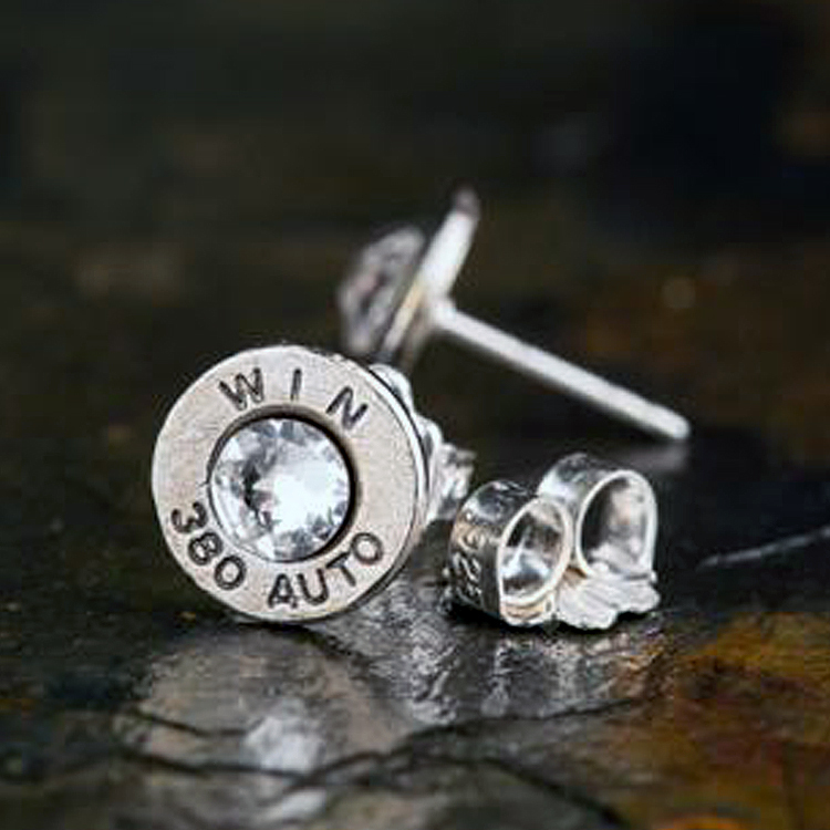 美國 Bullet - 380 Auto 子彈耳環（水鑽版 / 耳針式 / 銀）