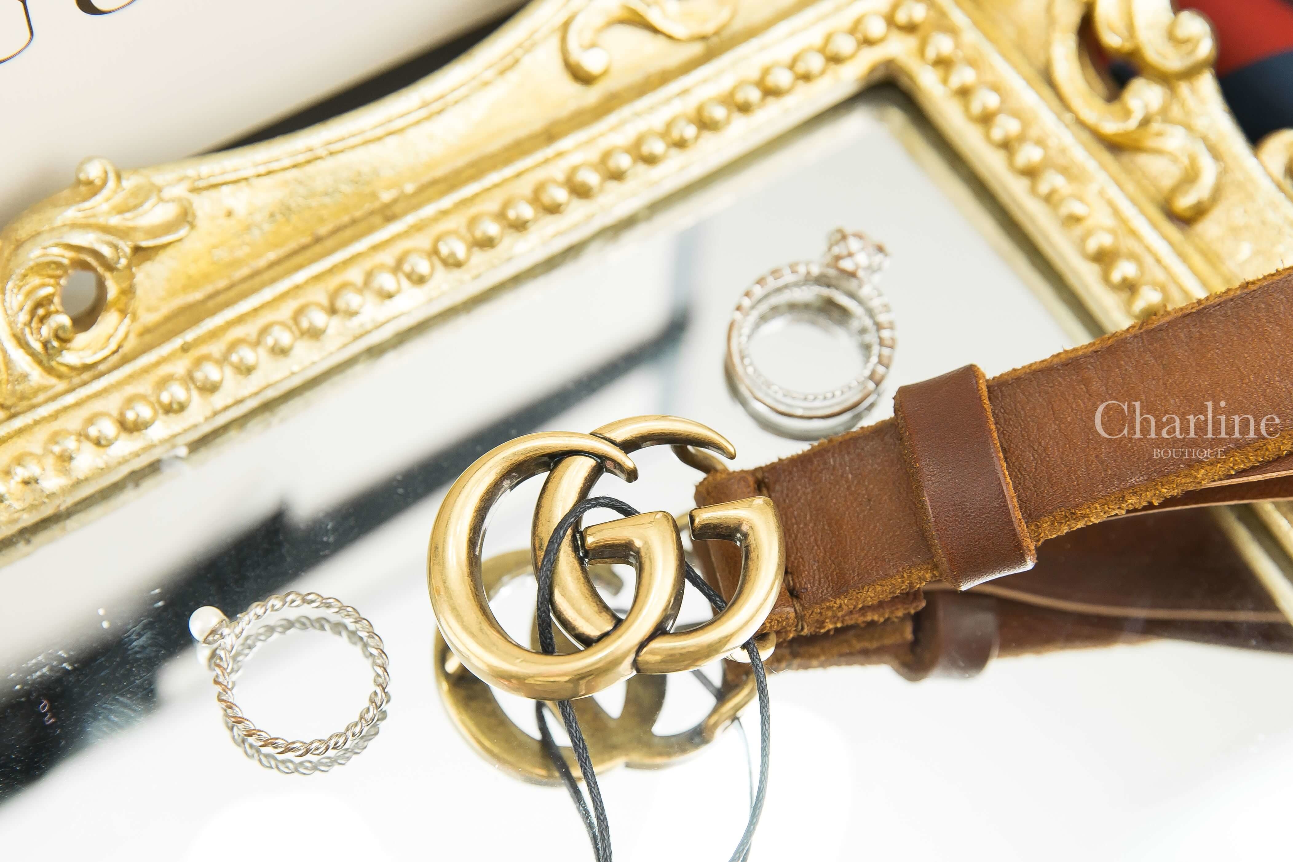 Gucci Leather Belt With Double G Buckle 咖啡色復古金GG Logo細版小牛皮皮帶