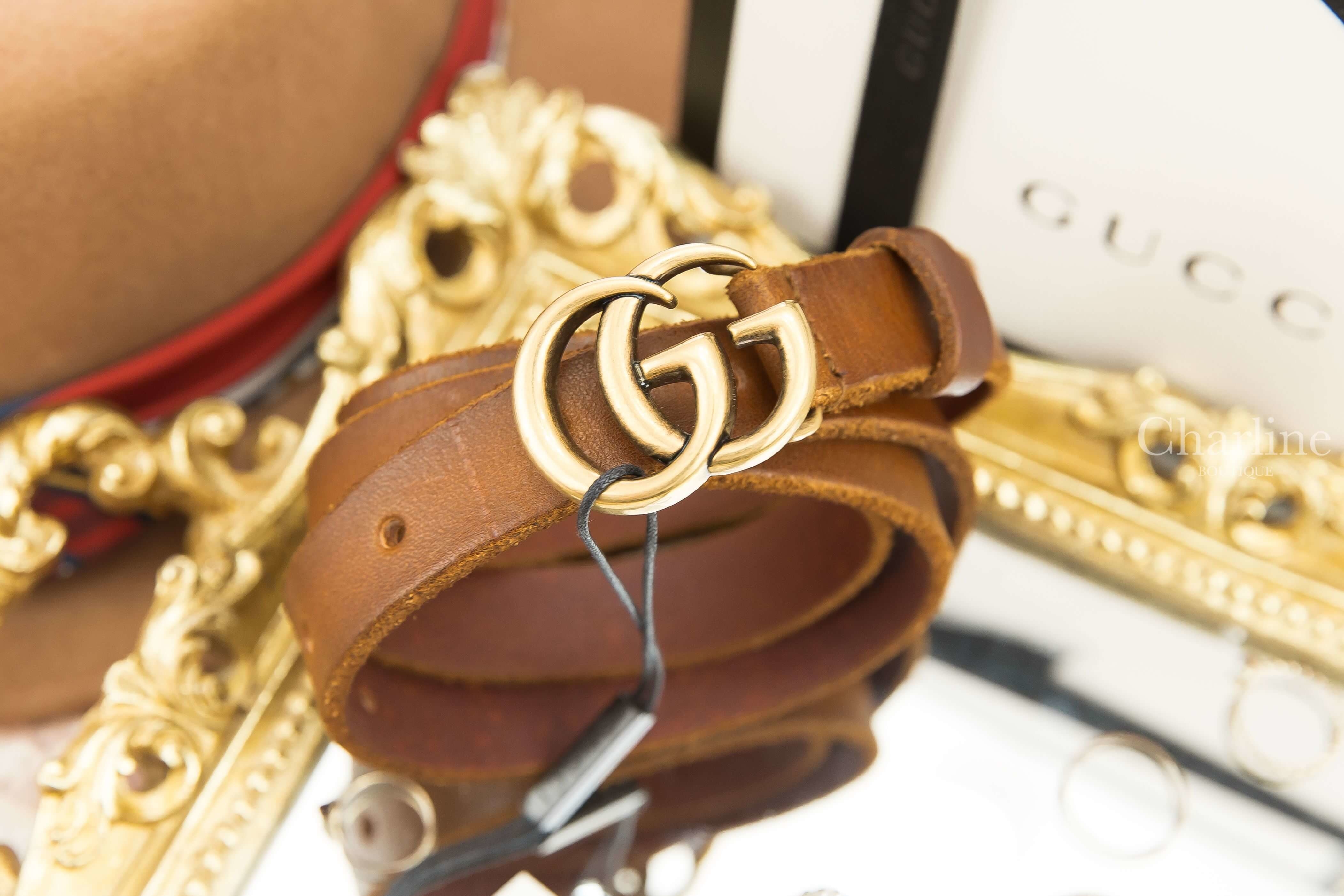 Gucci Belt 咖啡色復古金GG Logo細版小牛皮皮帶-Charline
