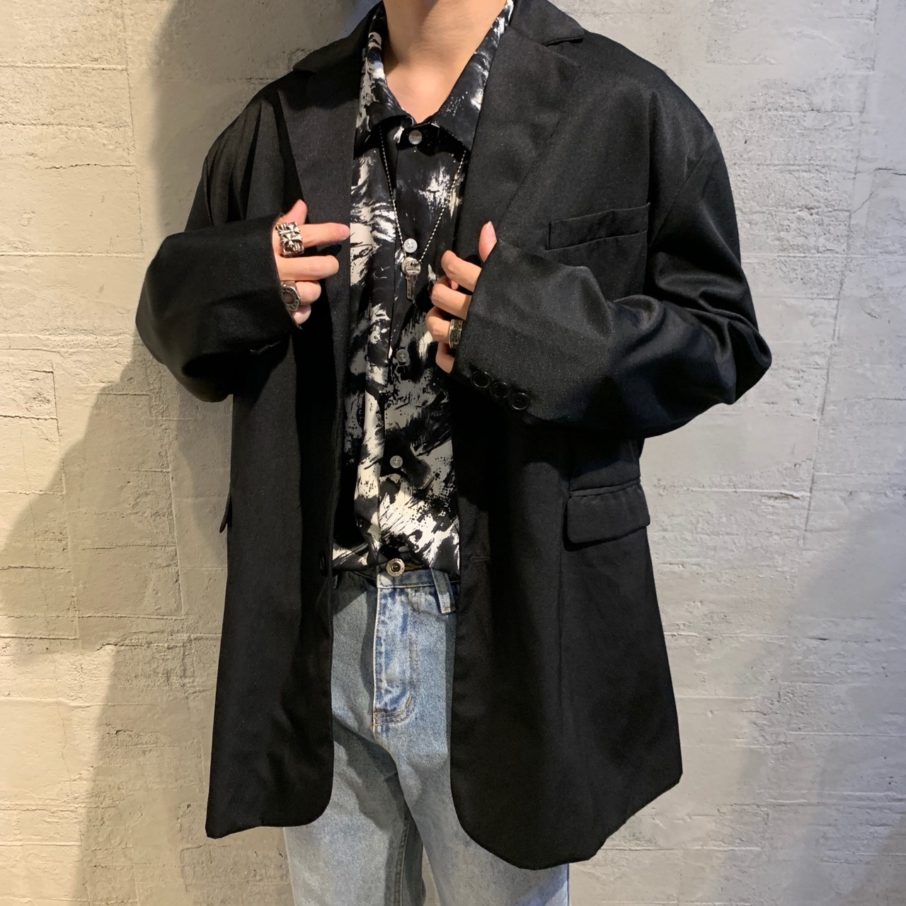 韓國 寬鬆西裝外套 黑/銀灰