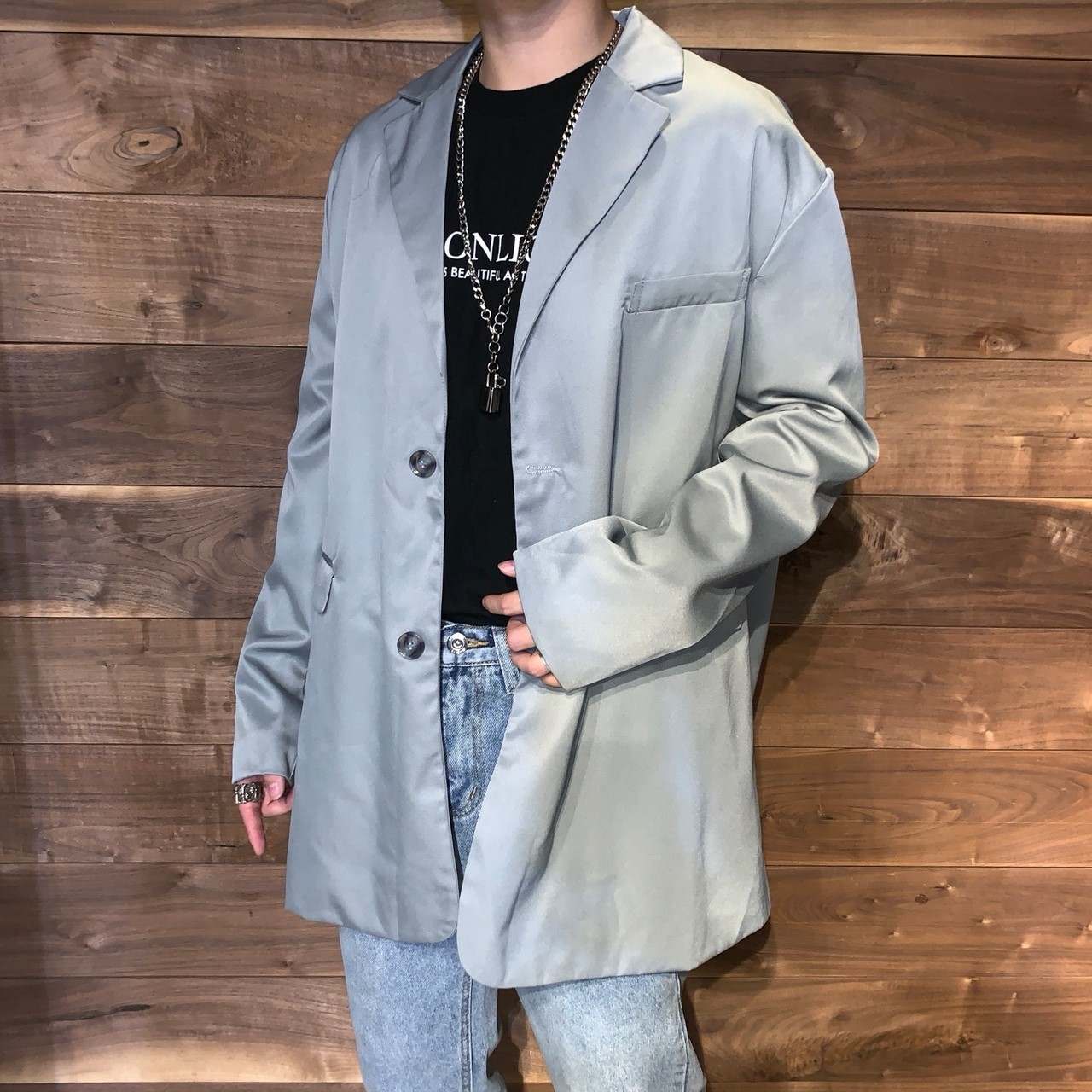 韓國 寬鬆西裝外套 黑/銀灰