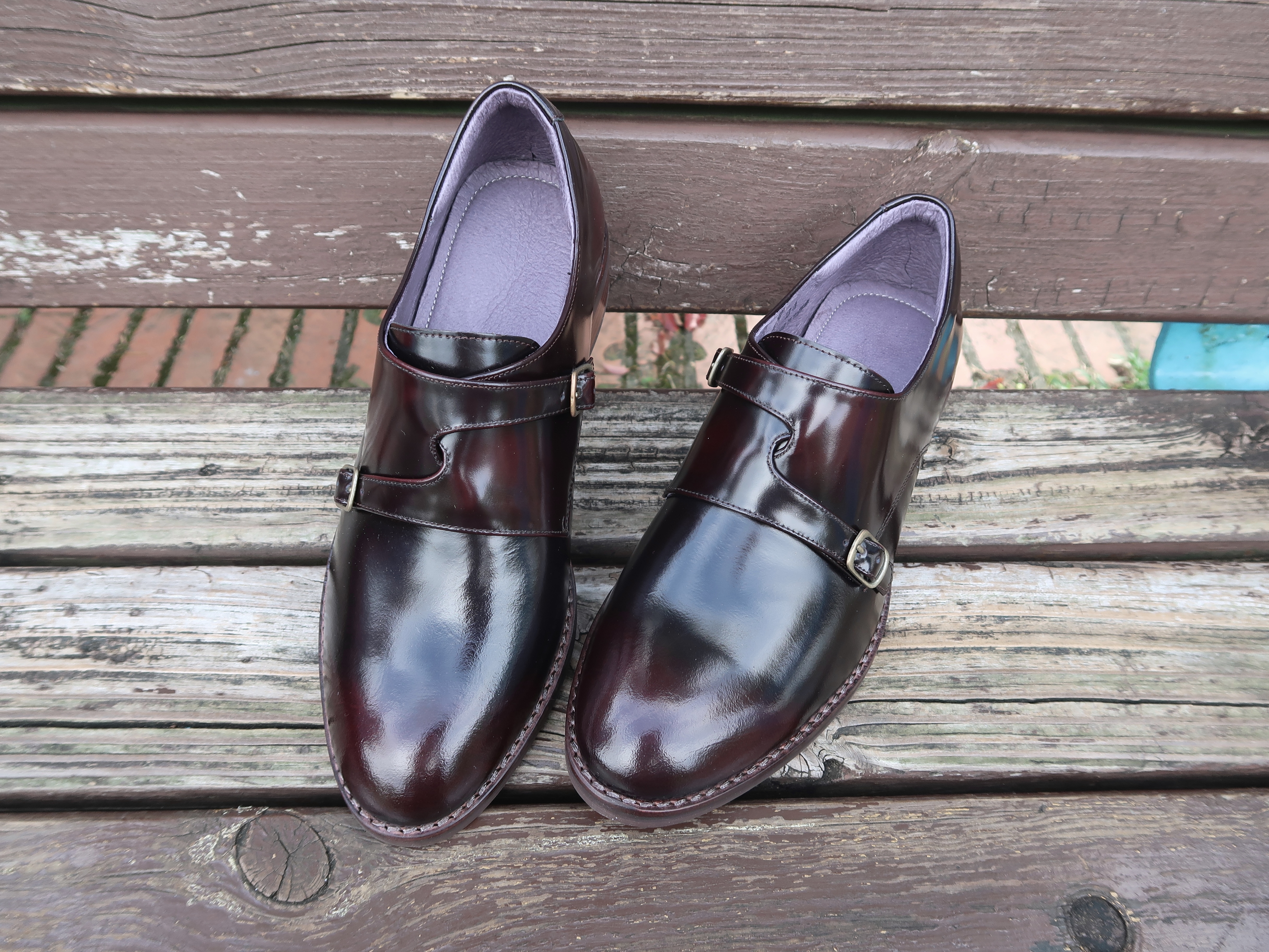 【懷舊優雅女神-交叉版】雙扣孟克鞋復古擦色鏡面軟牛皮5色(深酒紅、棕古銅、神秘藍紫、星際藍、極光綠)