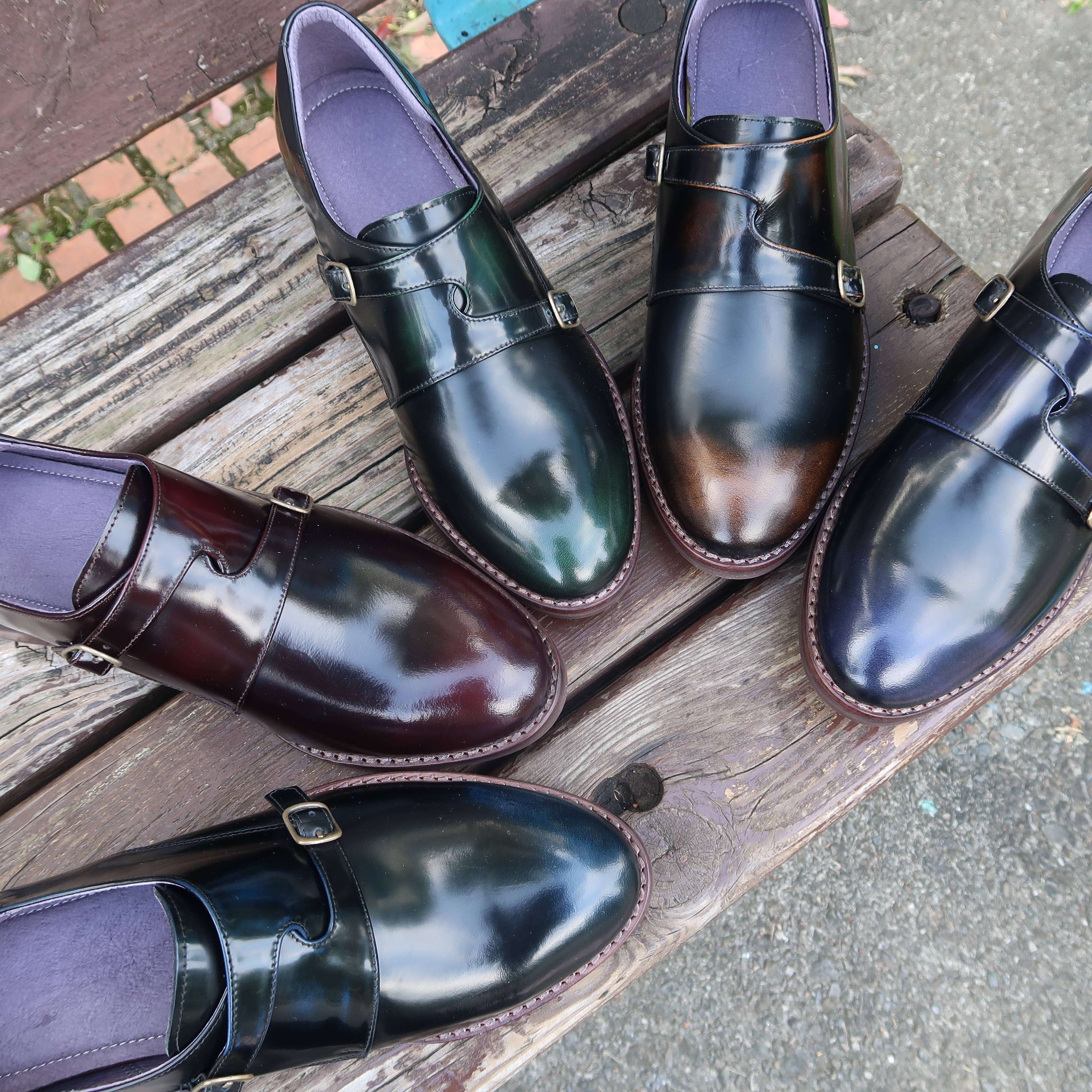 【懷舊優雅女神-交叉版】雙扣孟克鞋復古擦色鏡面軟牛皮5色(深酒紅、棕古銅、神秘藍紫、星際藍、極光綠)