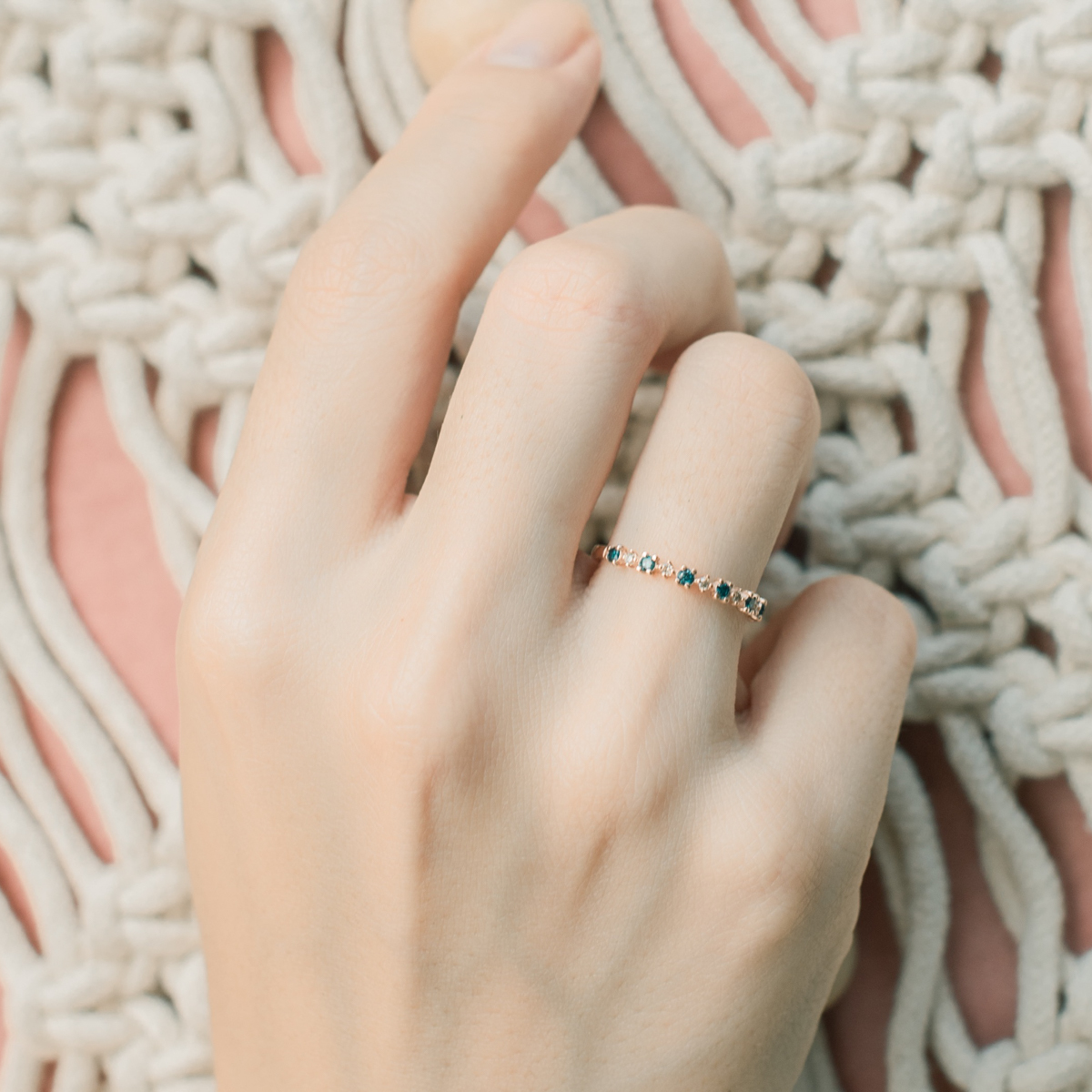 14K半圈方菱藍鑽真鑽戒指