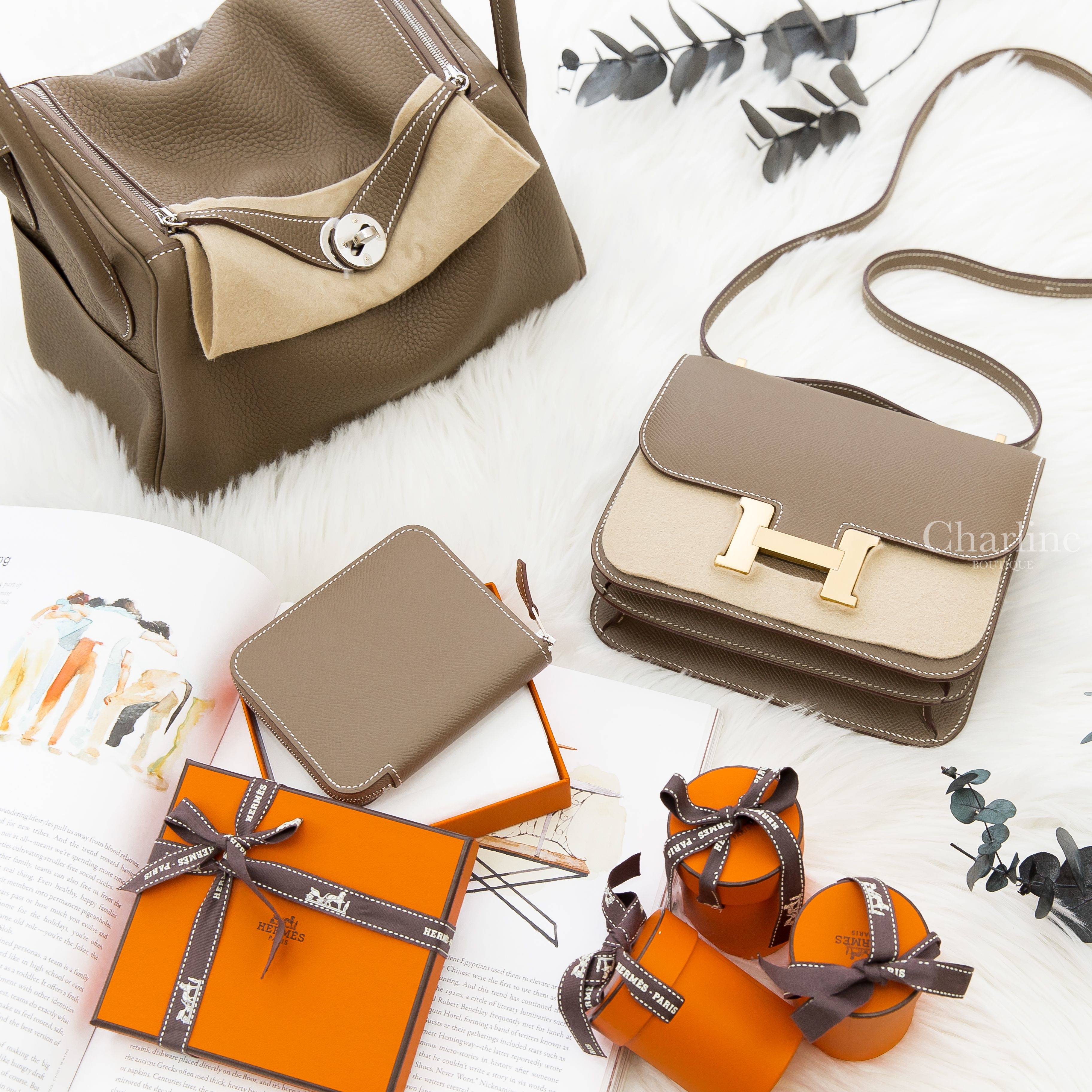 Hermès Mini Constance Epsom 大象灰金釦,Hermès Lindy 26cm T/C 大象灰銀釦,Hermès Silk Wallet Etoupe Epsom 大象灰絲巾短夾-Charline Boutique 精品代購