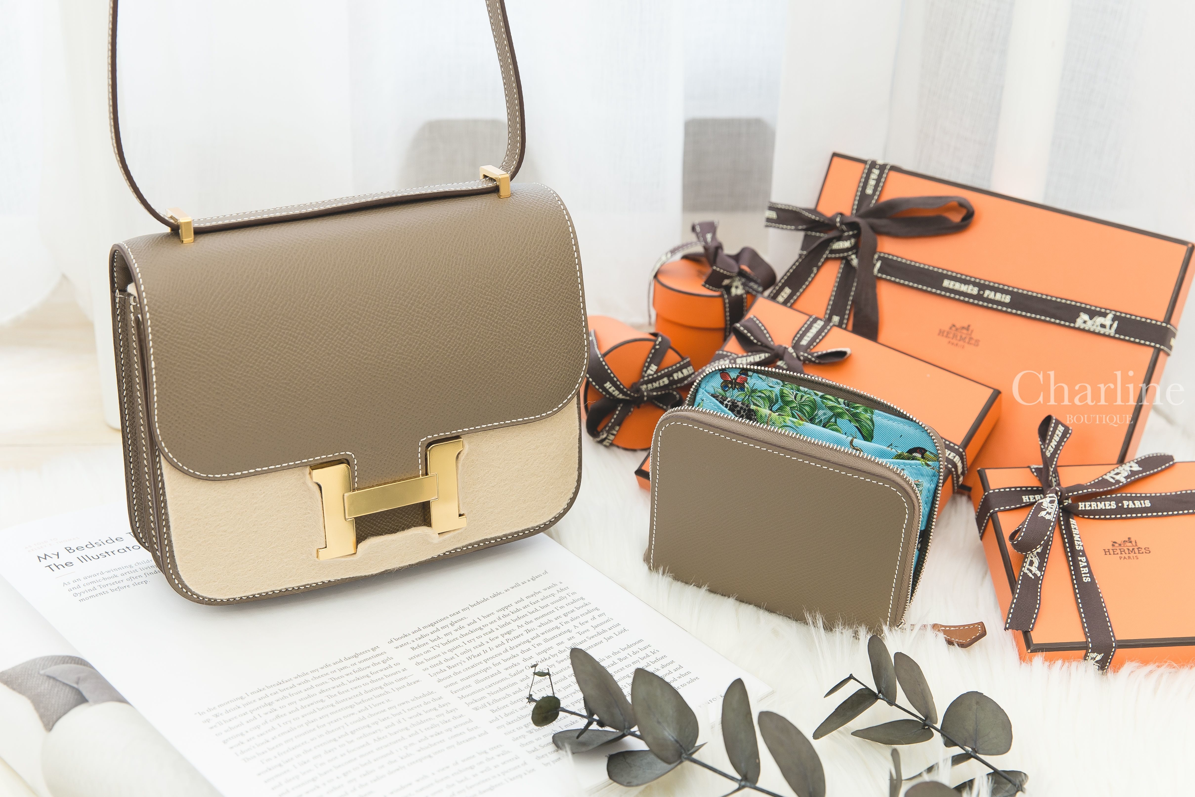 Hermès Mini Constance 18 Etoupe Epsom Z刻大象灰金釦,Hermès Silk' In Compact Wallet 18 Etoupe Epsom 大象灰絲巾短夾-Charline Boutique 精品代購