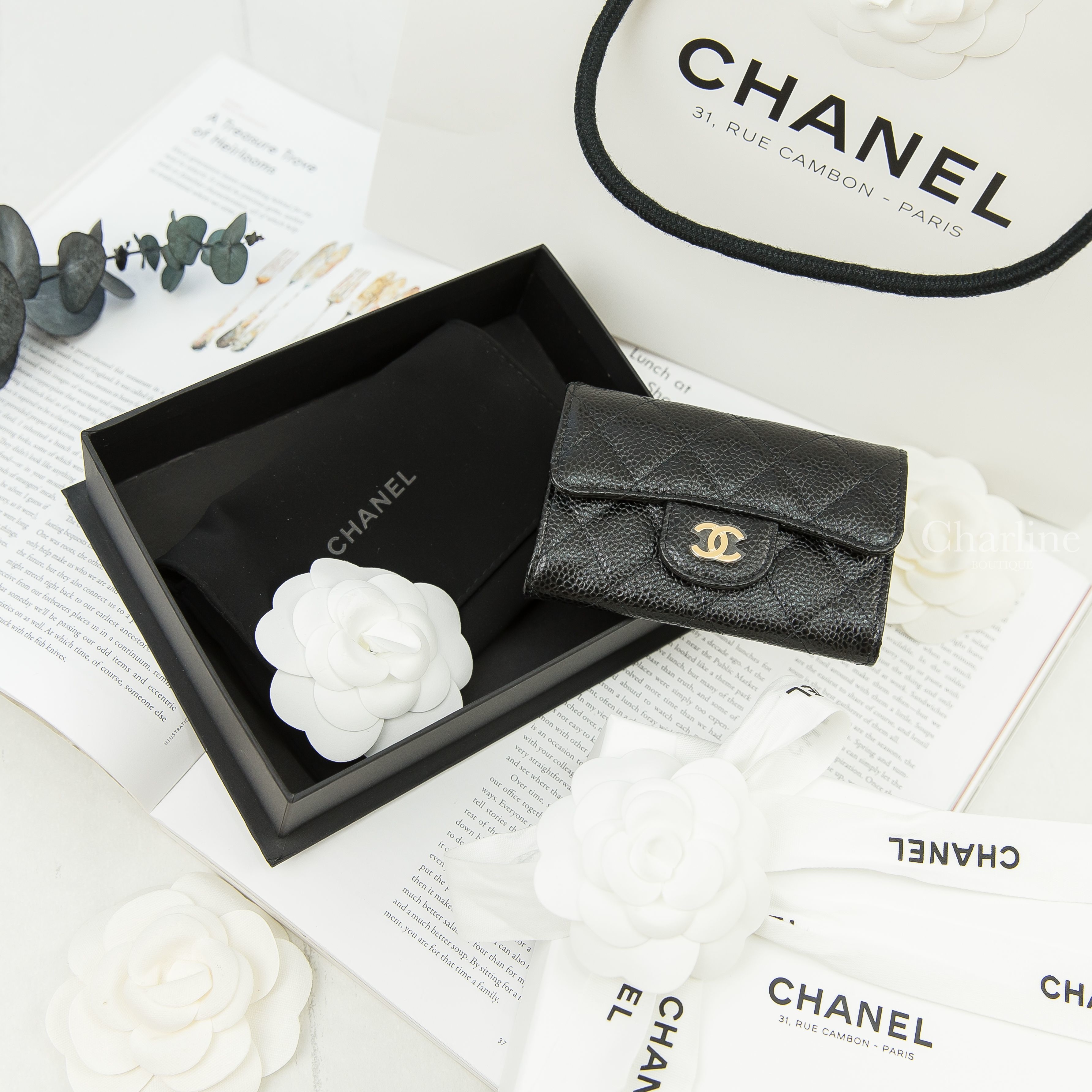 Chanel Classic Card Holder 黑色金CC荔枝菱格紋零錢夾-Charline Boutique 精品代購