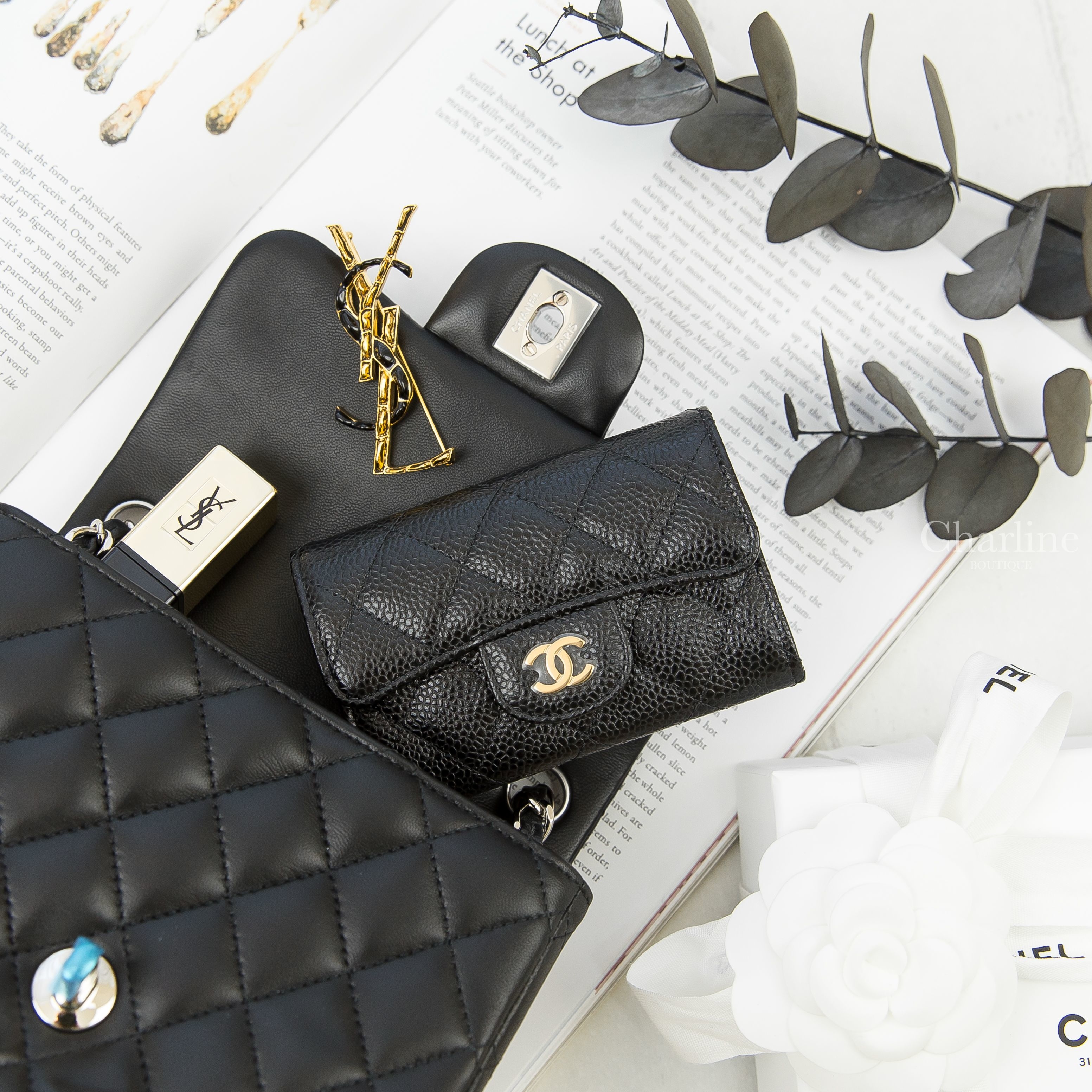 Chanel Classic Card Holder 黑色金CC荔枝菱格紋零錢夾,Chanel Mini Flap Bag 黑色銀鍊小羊皮肩背包-Charline Boutique 精品代購