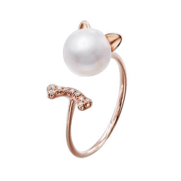 18K玫瑰金天然鑽石 Akoya 珍珠貓貓戒指