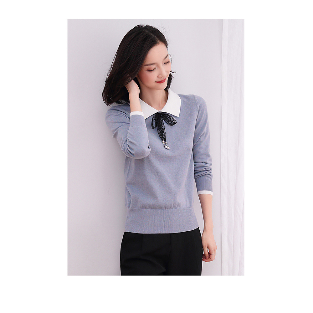 DEER.W 蕾絲綁帶配色領針織上衣 灰藍