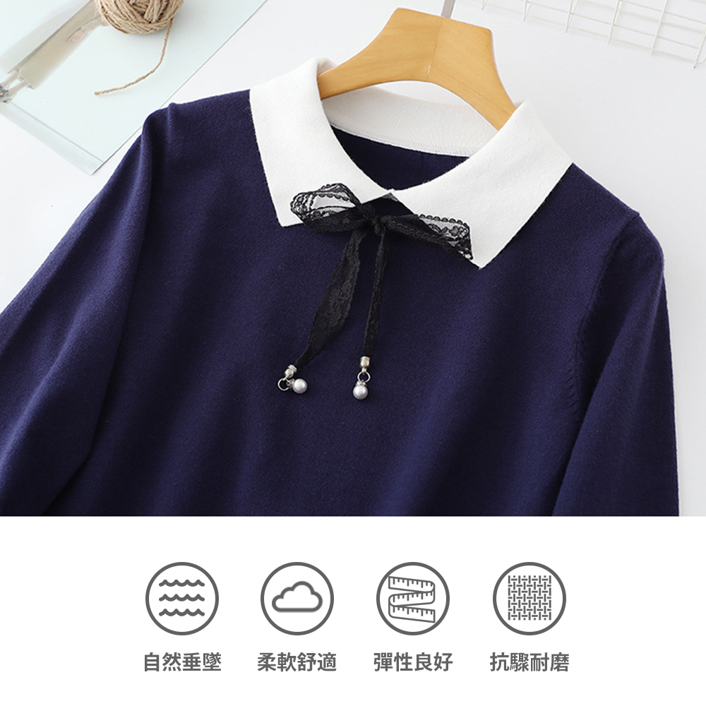 DEER.W 蕾絲綁帶配色領針織上衣 平拍細節