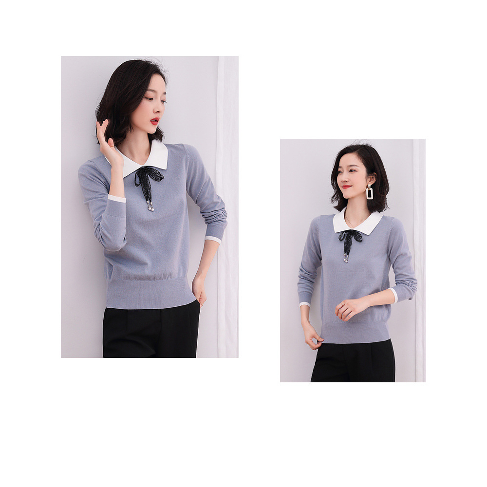 DEER.W 蕾絲綁帶配色領針織上衣 灰藍