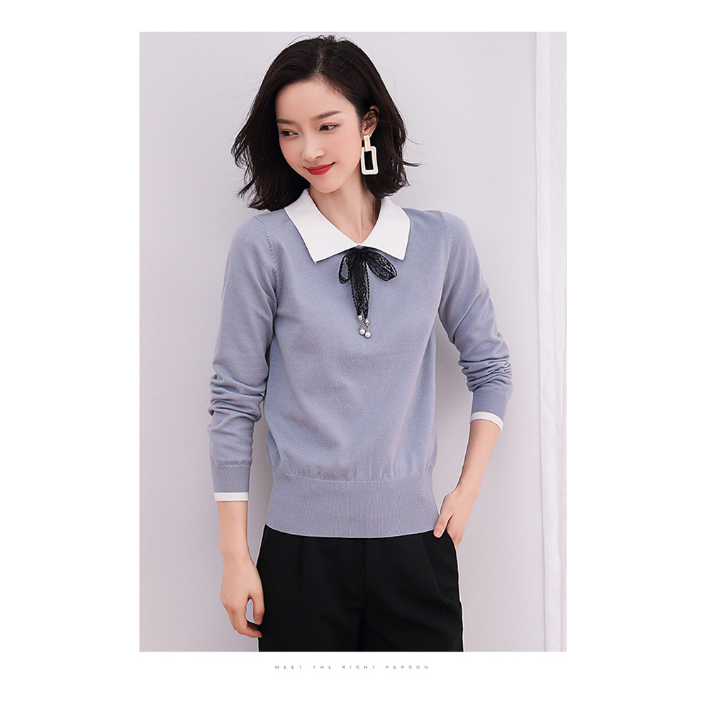 DEER.W 蕾絲綁帶配色領針織上衣 灰藍