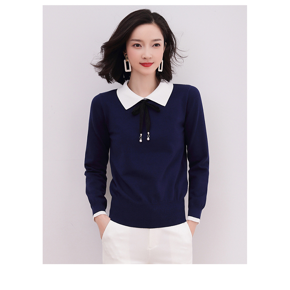 DEER.W 蕾絲綁帶配色領針織上衣 藏青