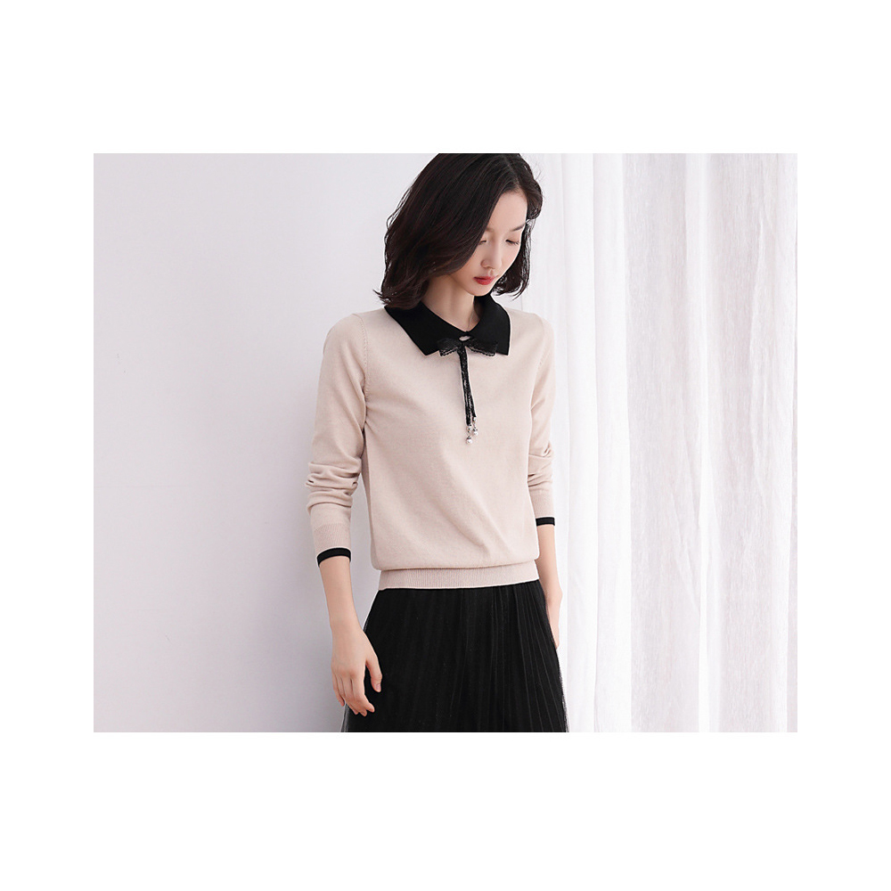 DEER.W 蕾絲綁帶配色領針織上衣 杏色