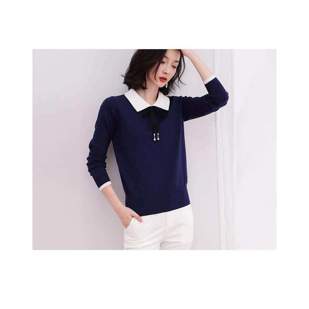 DEER.W 蕾絲綁帶配色領針織上衣 藏青