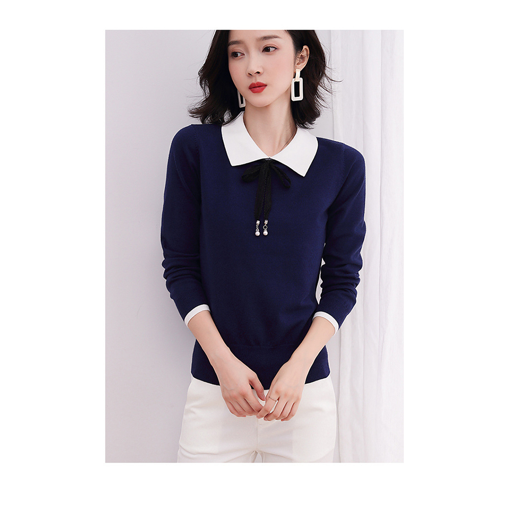 DEER.W 蕾絲綁帶配色領針織上衣 藏青