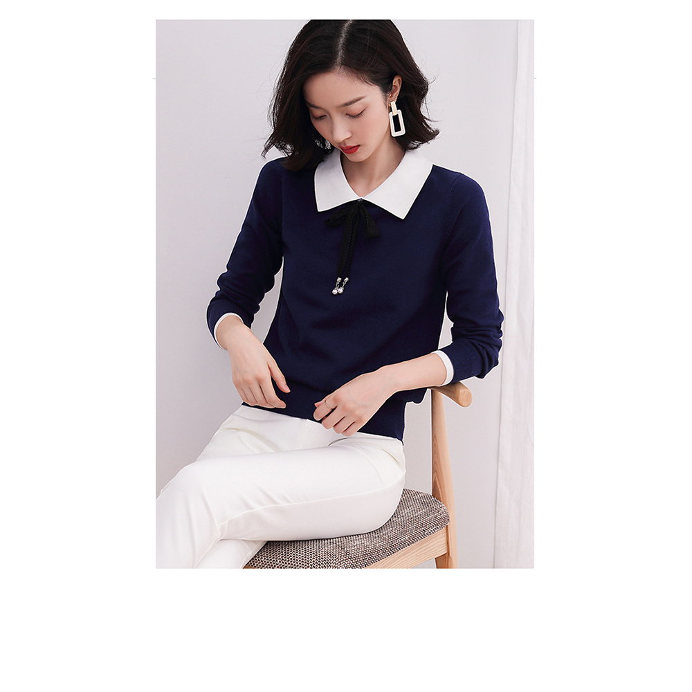 DEER.W 蕾絲綁帶配色領針織上衣 藏青