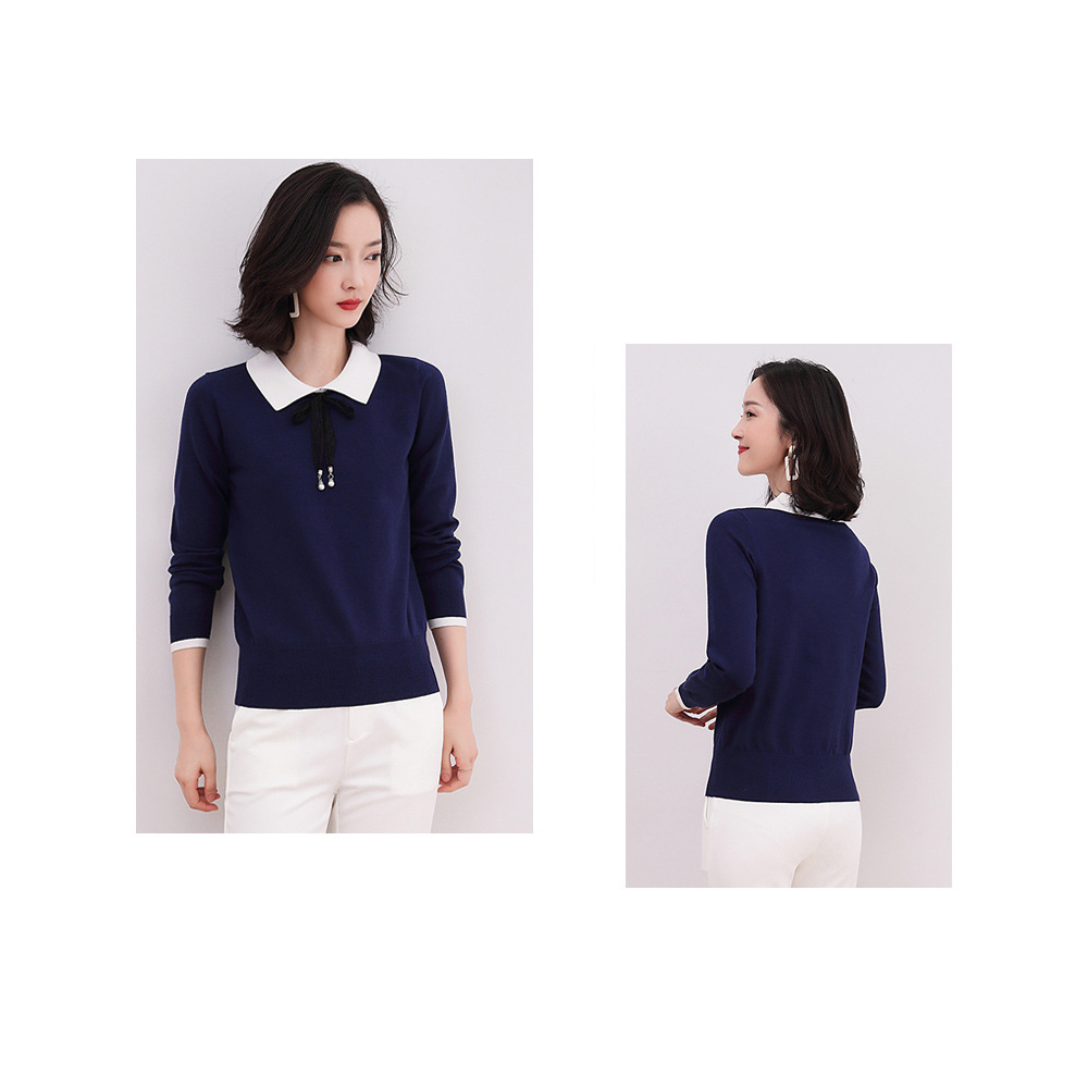 DEER.W 蕾絲綁帶配色領針織上衣 藏青