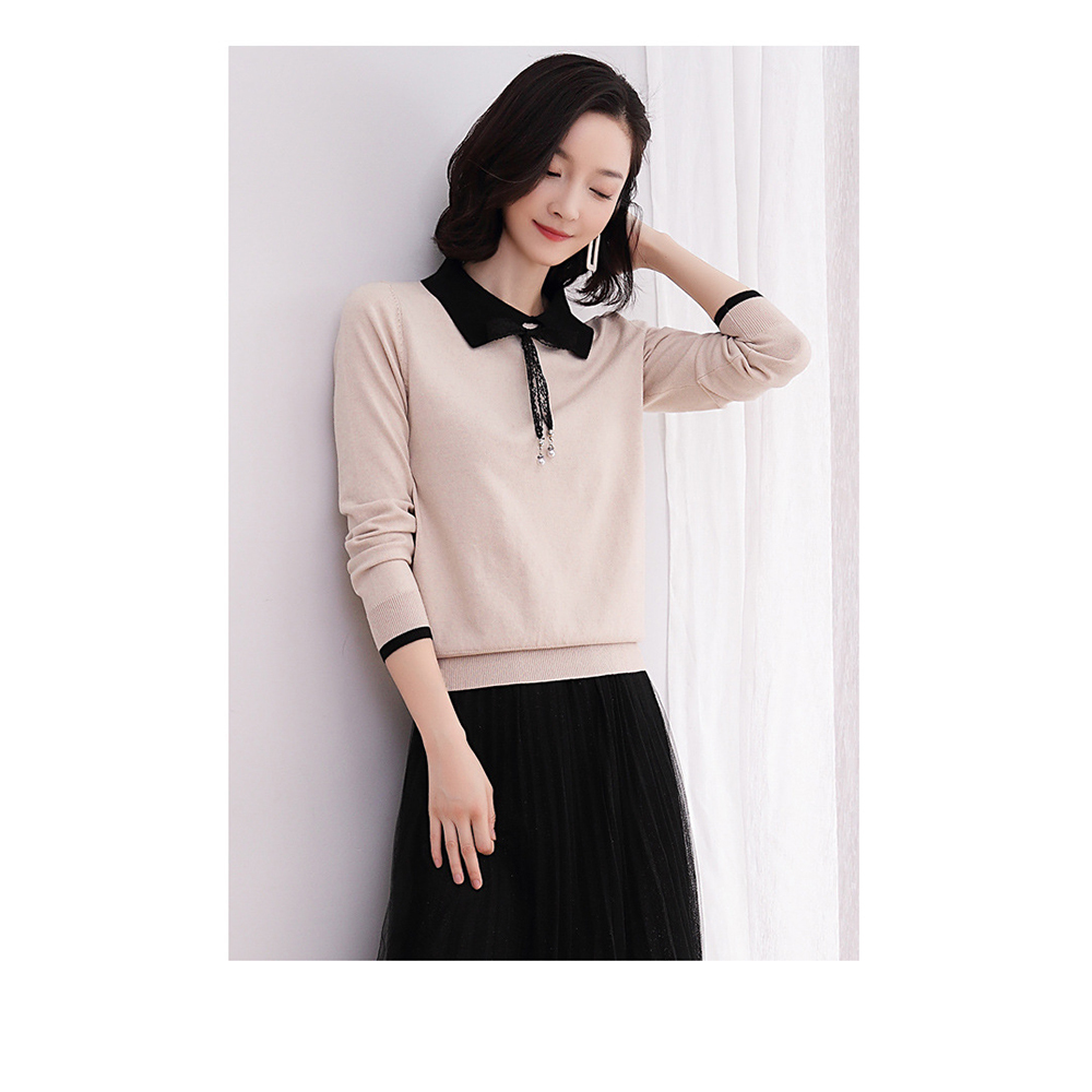 DEER.W 蕾絲綁帶配色領針織上衣 杏色