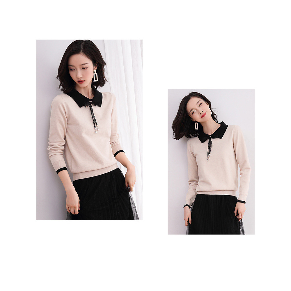 DEER.W 蕾絲綁帶配色領針織上衣 杏色