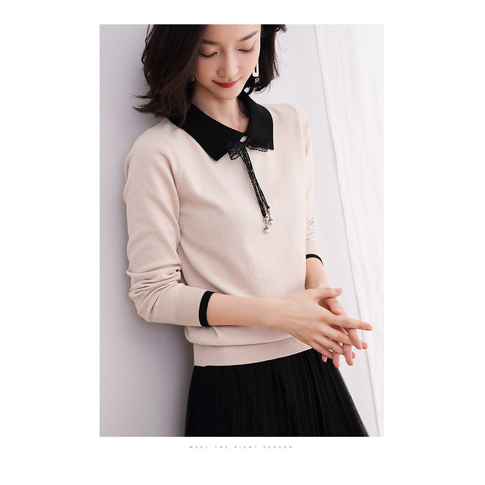 DEER.W 蕾絲綁帶配色領針織上衣 杏色
