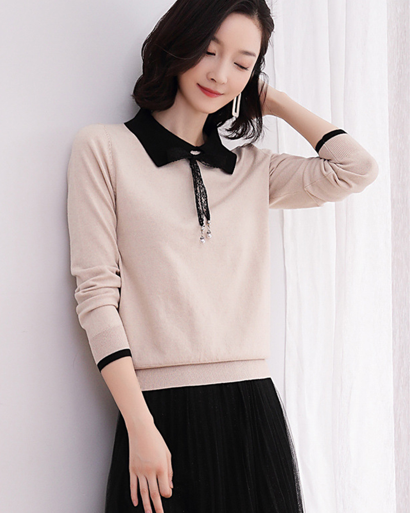 杏XL/藏青L/藏青XL【零碼出清不退換】蕾絲綁帶配色領針織上衣