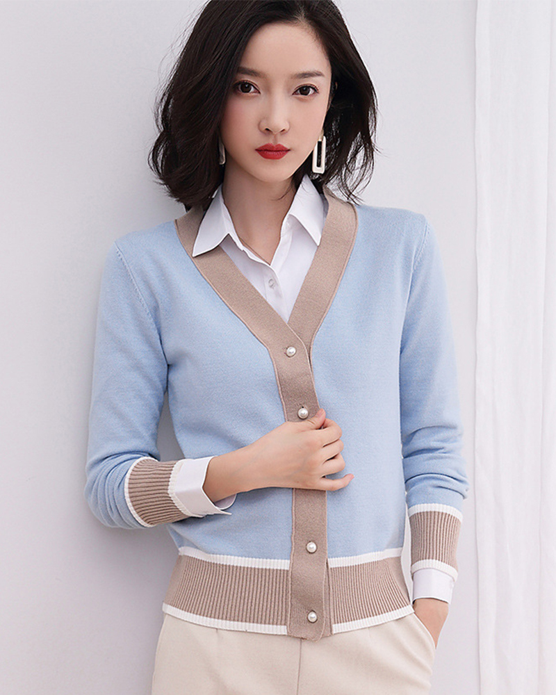 白M【零碼出清不退換】V領珠釦配色針織外套