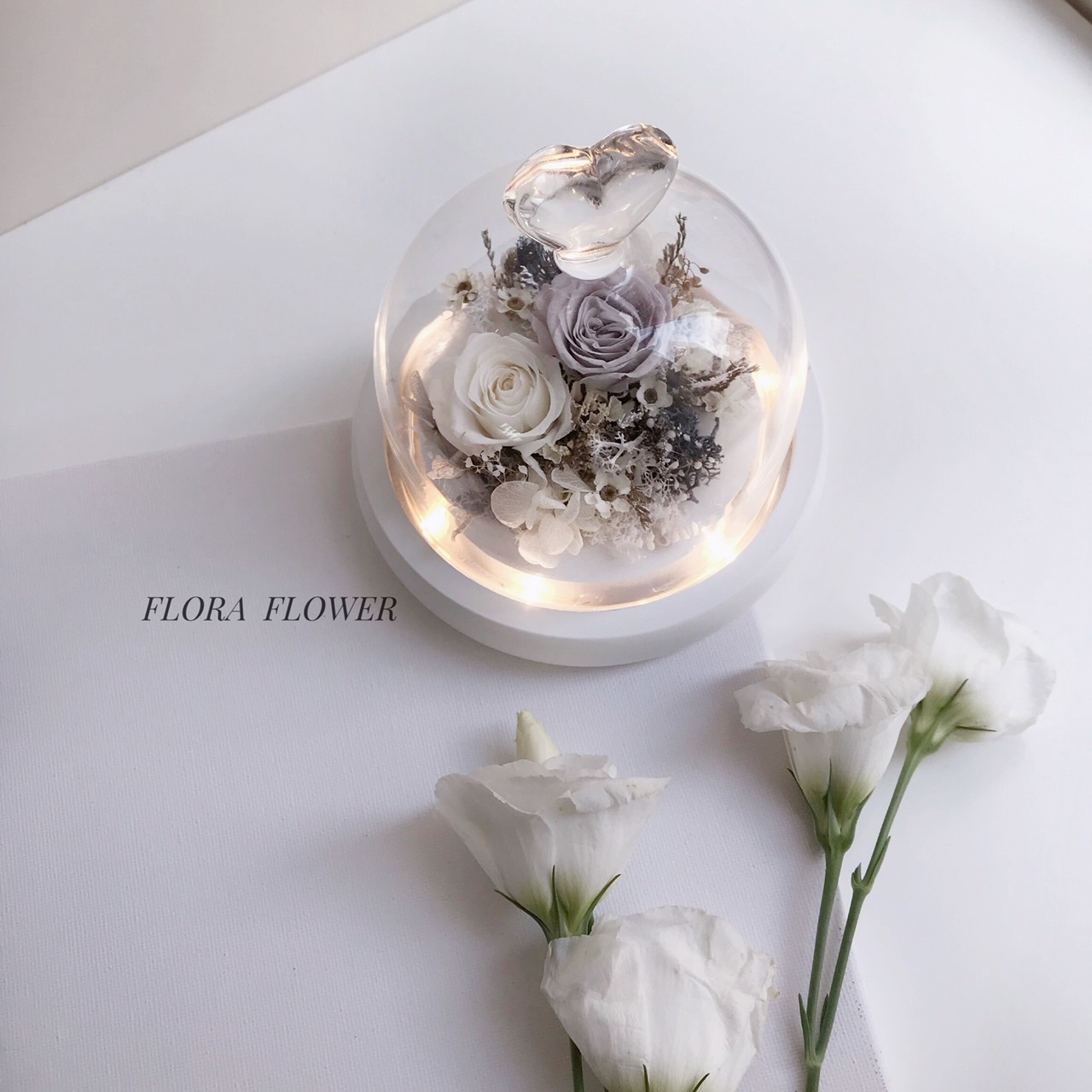 永生花愛心玻璃罩夜燈-紫白