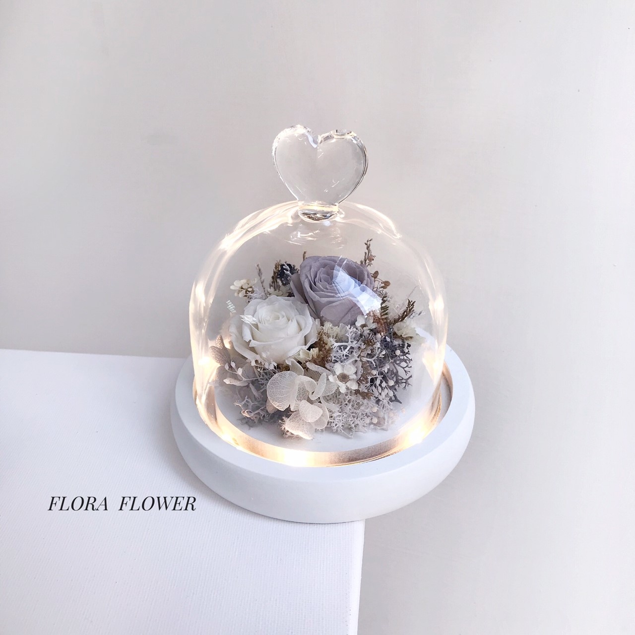 永生花愛心玻璃罩夜燈-紫白