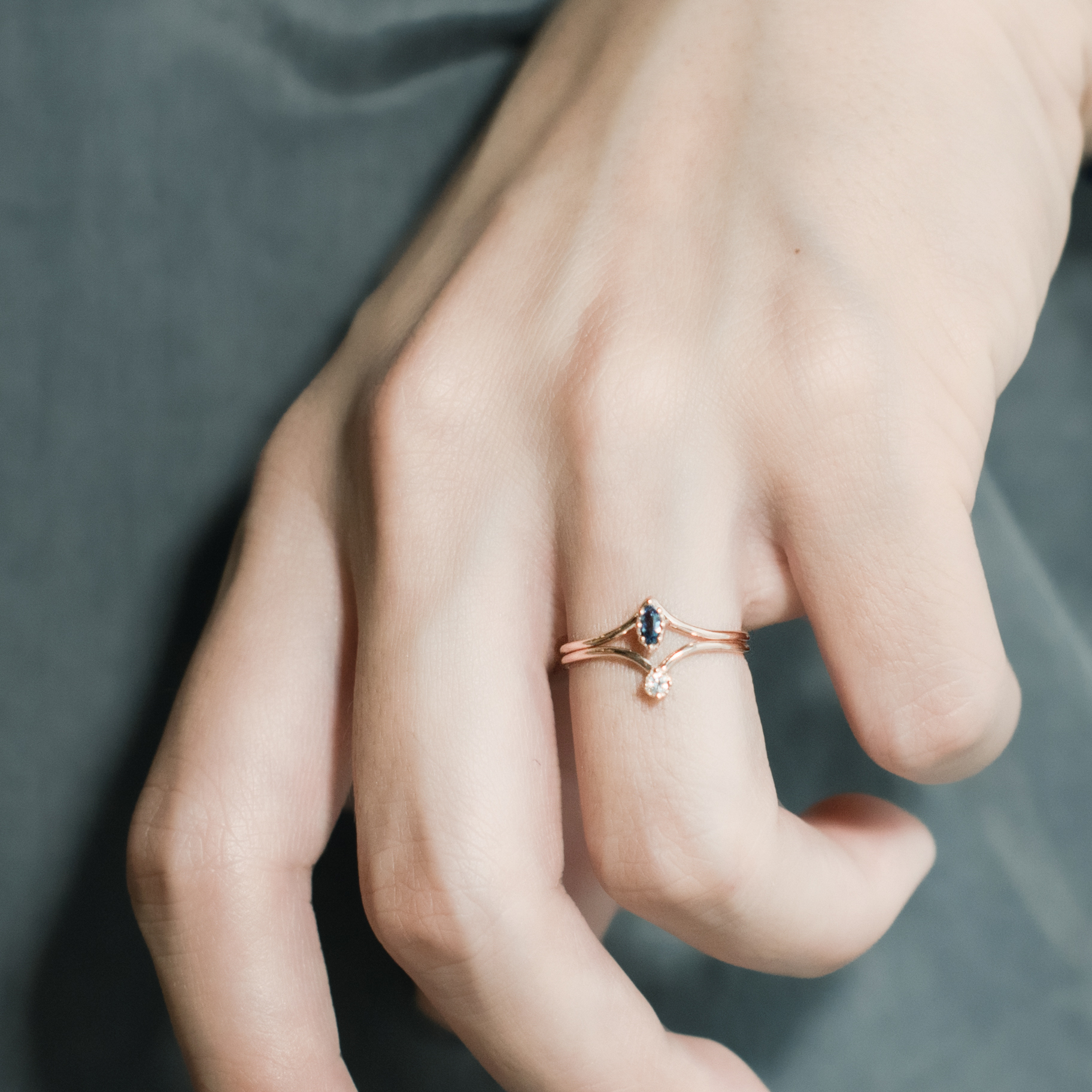 14k玫瑰金 爪爪眼形天然藍寶石海鷗戒指