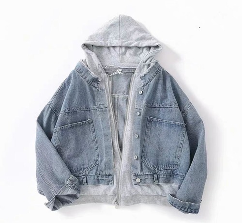 Denim jacket with hooded sweater