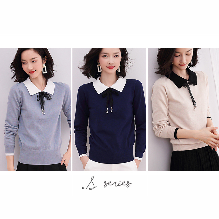 DEER.W 蕾絲綁帶配色領針織上衣