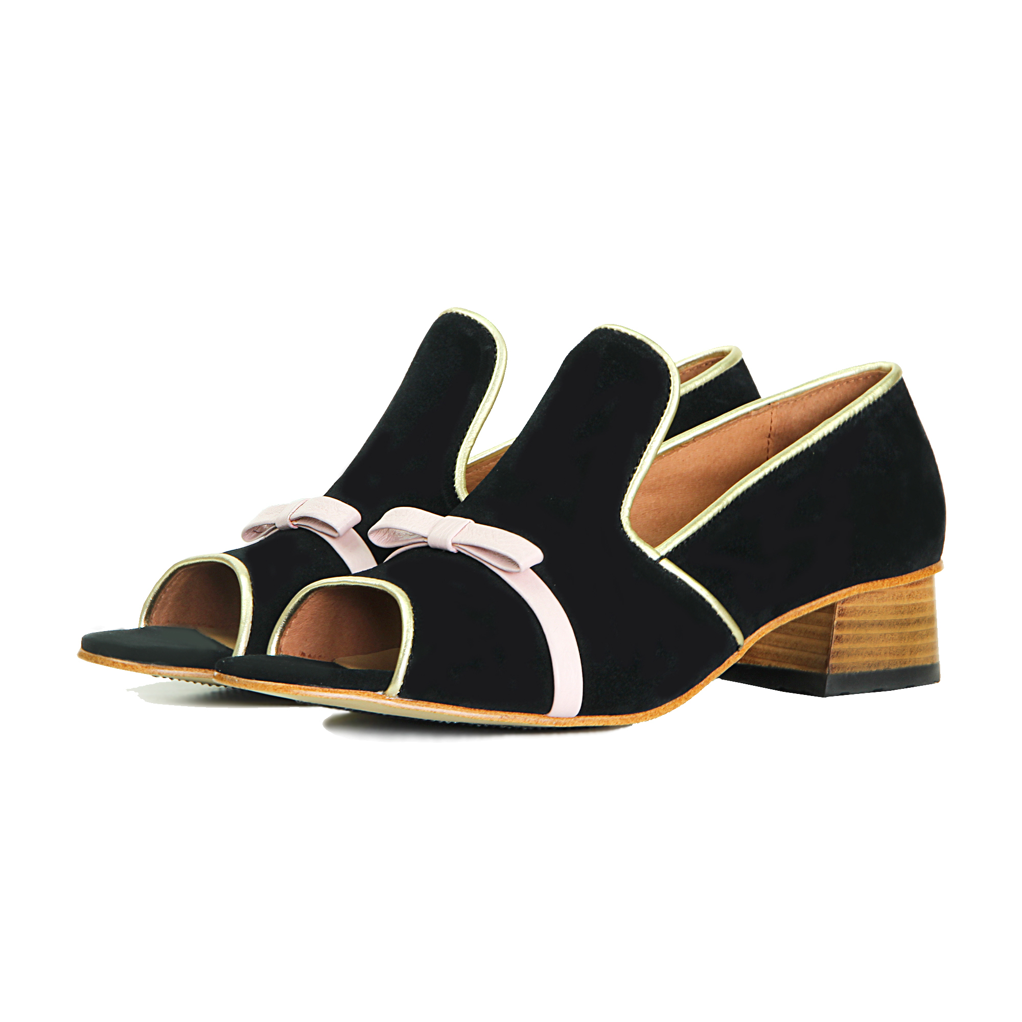 Flora W1075 Black Leather Peep-Toe Pumps