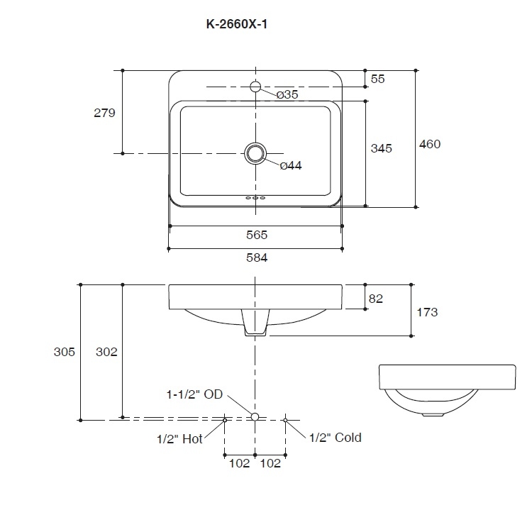 Kohler "Forefront" K-2660X-0 Rectangular Vessel Washbasin with 1 Tap-hole