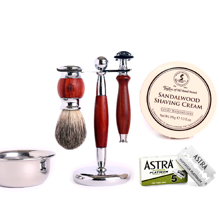 ★ 76折 ★ 紅檀木 復古雙面安全手動刮鬍刀 6件超值組（傳統老式雙刃刮鬍刀片）