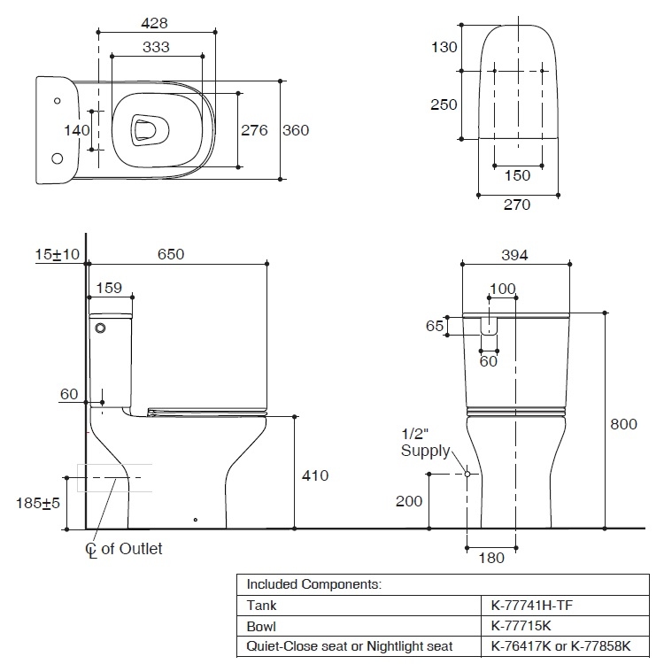 Kohler "Modern Life" K-78476H-0 Close-Coupled Dual Flush 3/6L Washdown Toilet with Rimless Flushing Technology w/ Slim Slow Closing Seat Cover