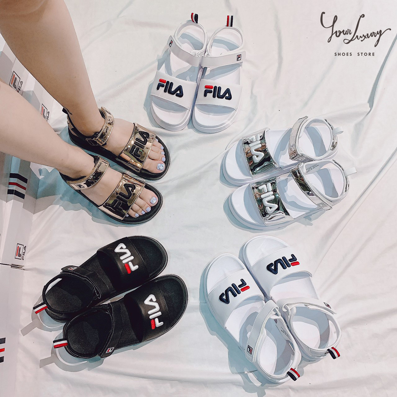 【Luxury】韓國代購 FILA 經典LOGO 魔鬼氈 涼鞋 白 現貨特價 防水 女款 夏季 魔術貼