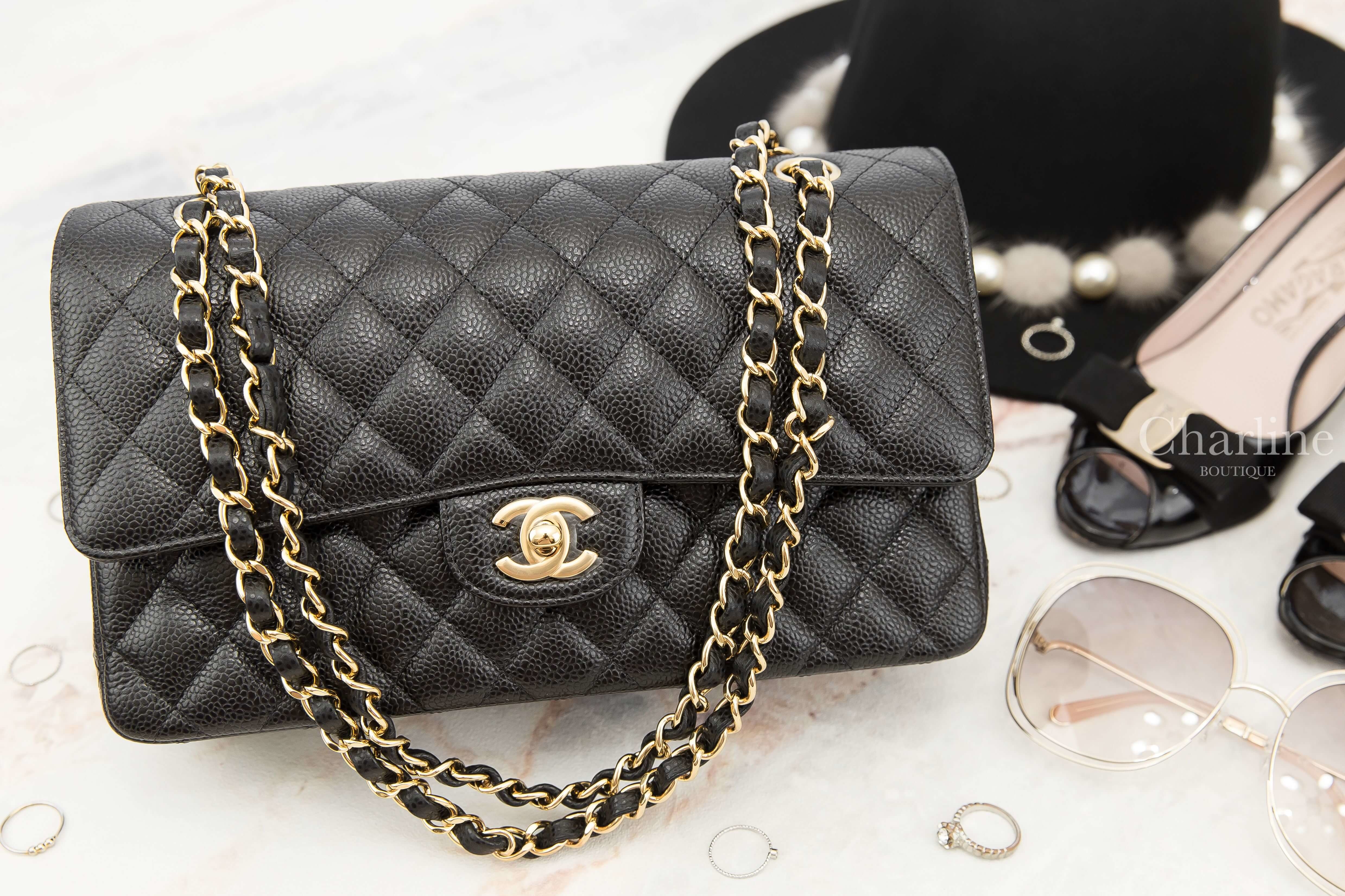 Chanel Classic Handbag 黑色金鍊26cm荔枝菱格紋肩背包