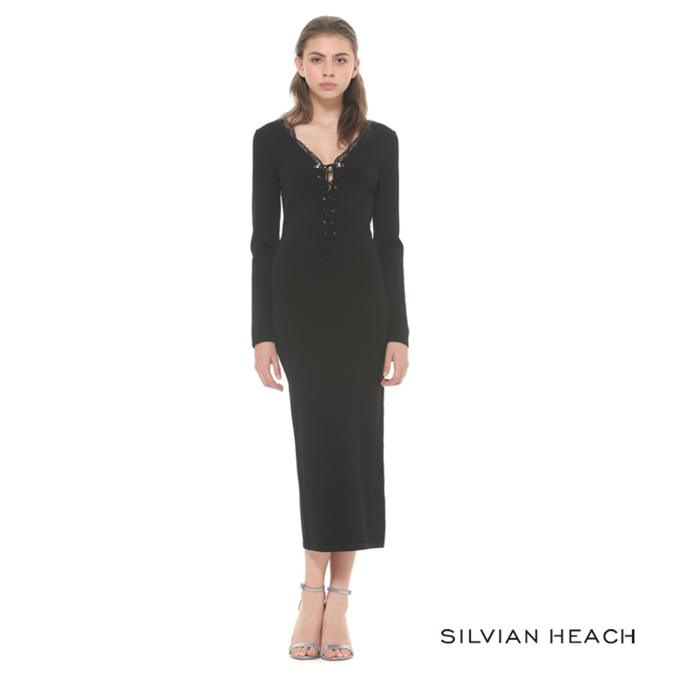 【silvian-heach】領口蕾絲綁帶長袖貼身洋裝