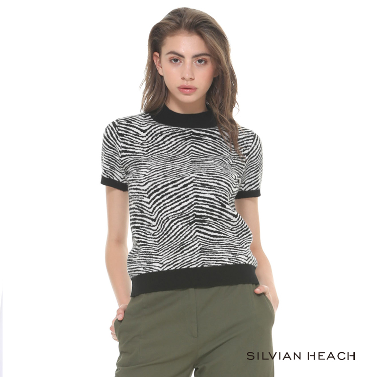 【silvian-heach】立領斑馬紋短袖針織上衣