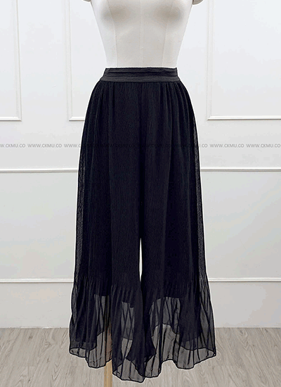 [現貨] 腰鬆緊雪紡細褶寬褲 (黑色)