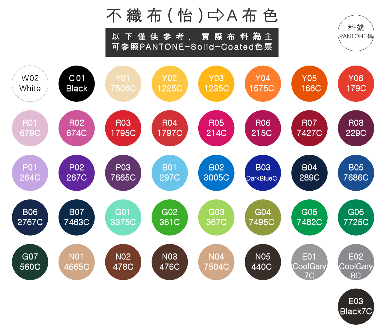 A-不織布色卡-號碼對應PANTONE色