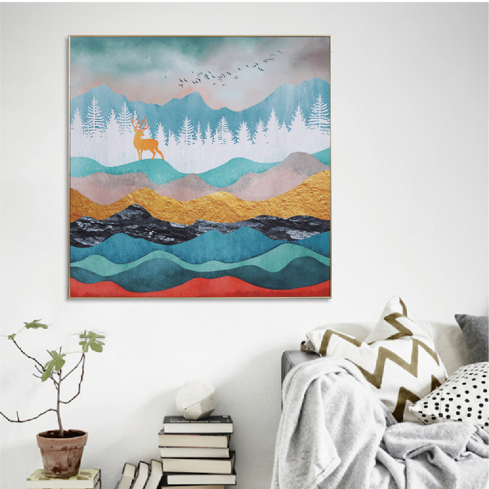49折 - 北歐抽象板畫有框畫60x60-山峰雄鹿WA110