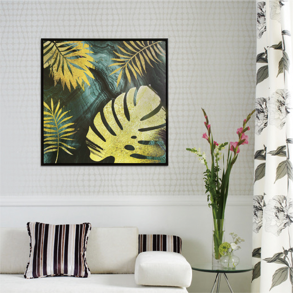 北歐抽象板畫有框畫60x60cm-綠波金葉WA112
