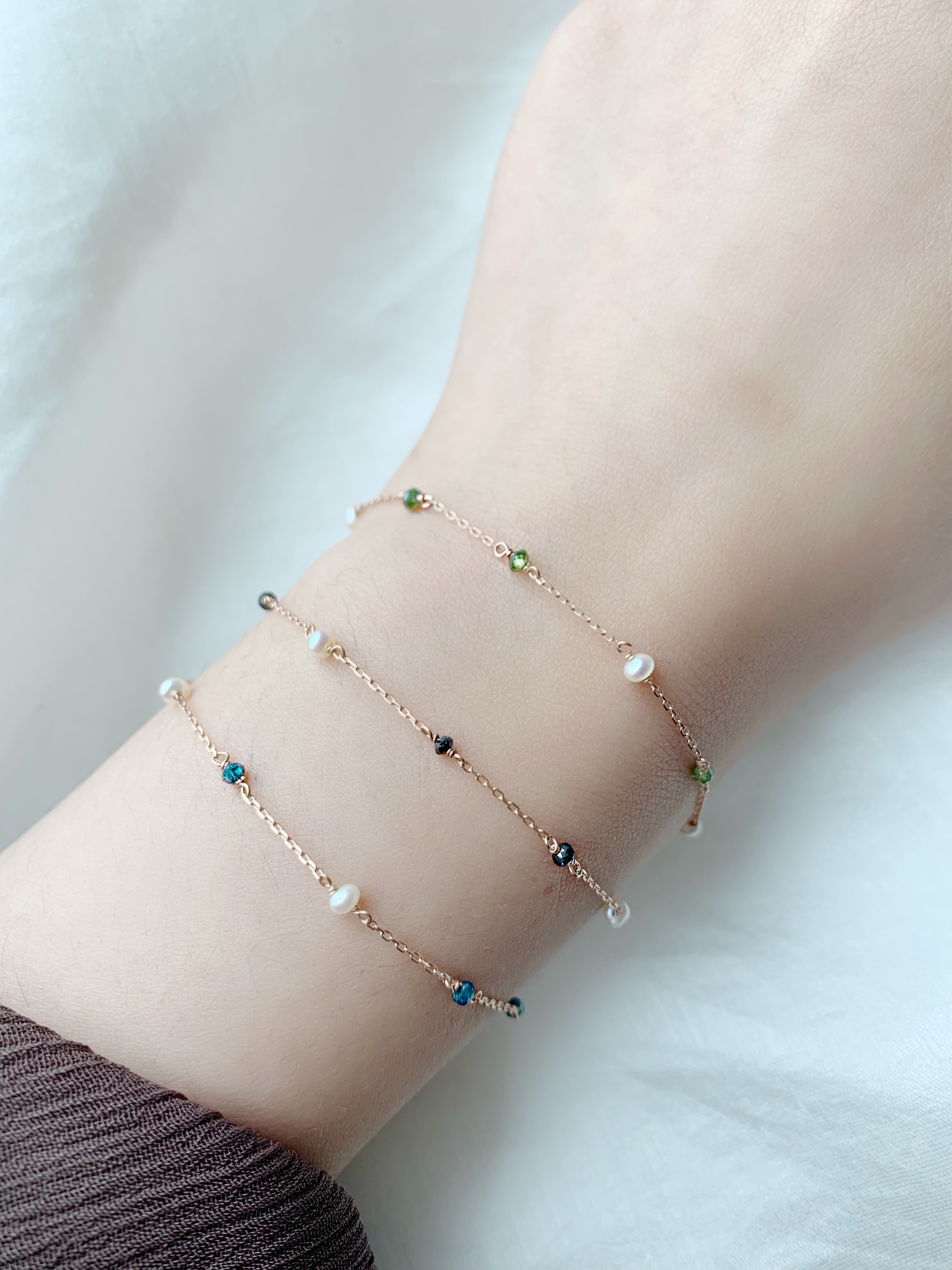 14k玫瑰金 綠鑽原礦相間珍珠手鍊