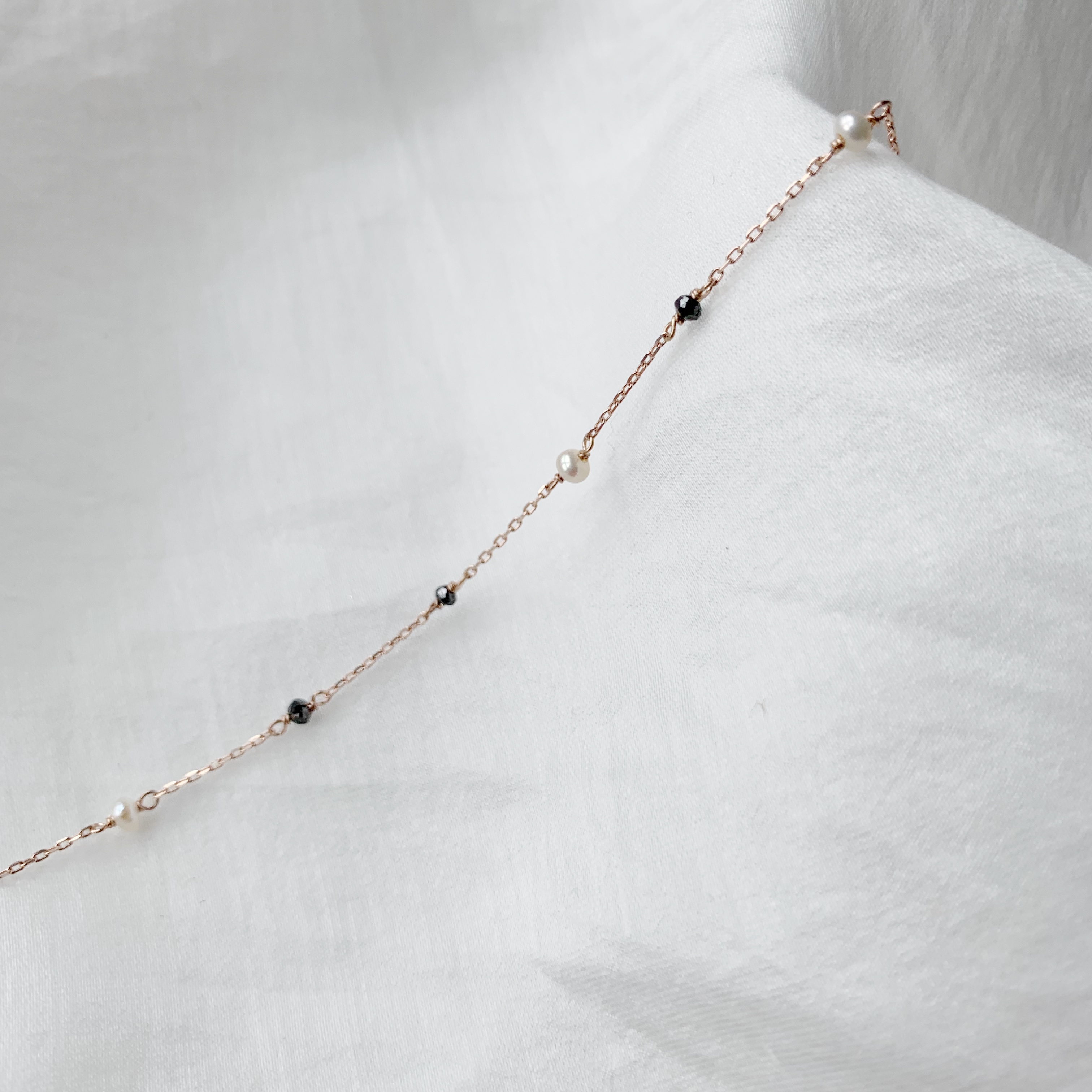 14k玫瑰金 黑鑽原礦相間珍珠手鍊