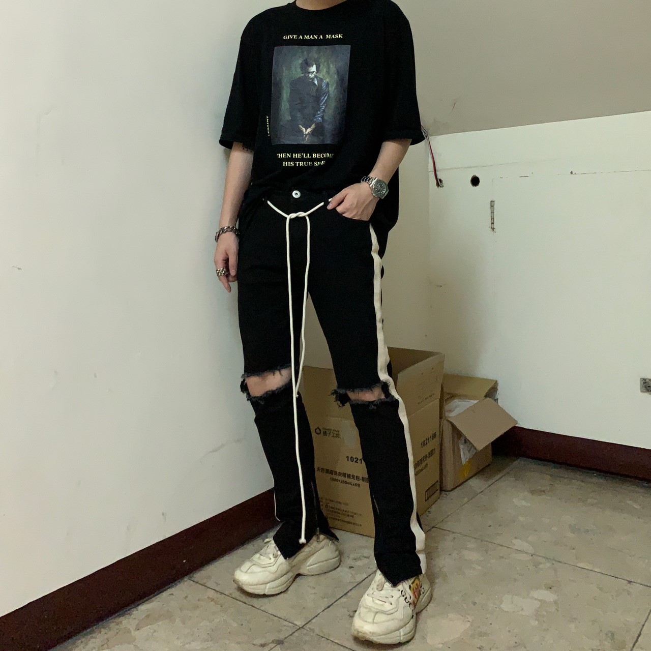 韓國 白邊破壞拉鍊牛仔褲